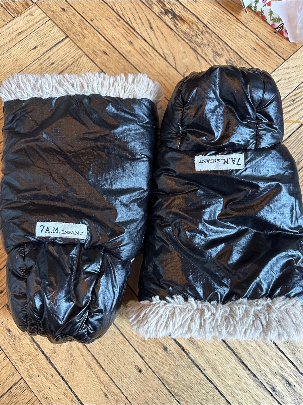 7 A.M. Enfant Kids Black Puffer Mittens with Faux Fur Cuff